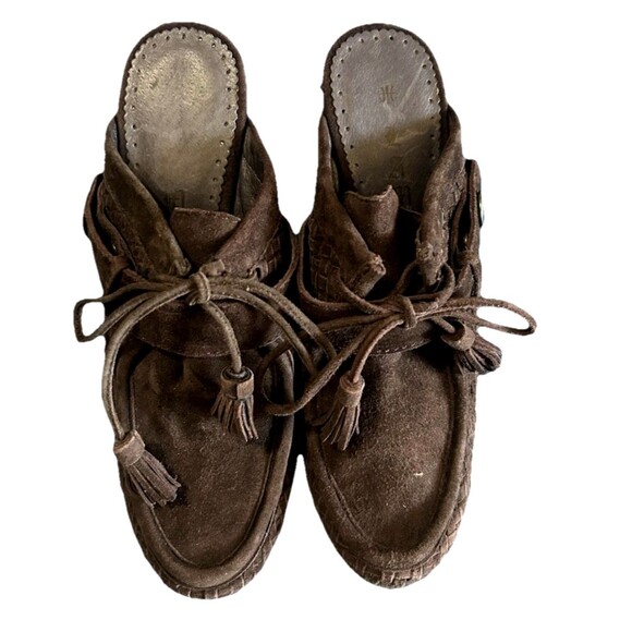 L.A.M.B. Brown Suede Woven High 5" Wedge Heels Mule Tassell Shoes Womens 6.5? - Picture 4 of 11